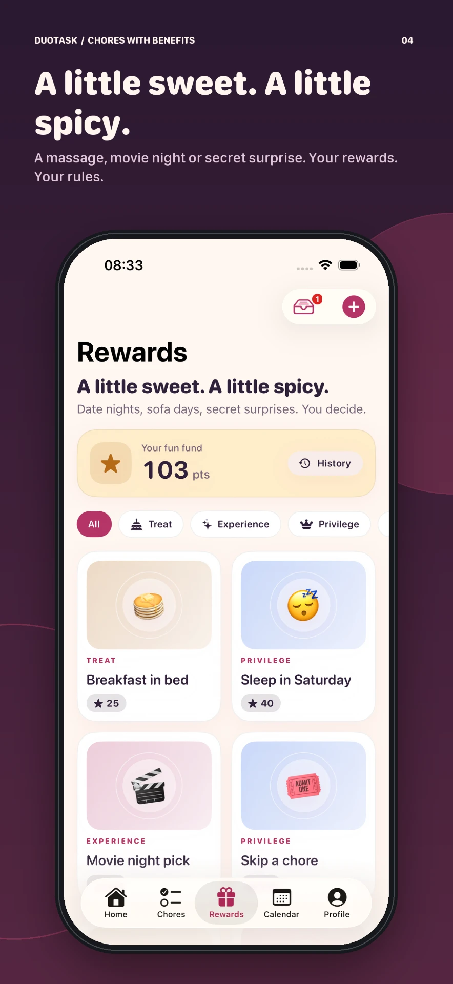 Rewards screen with point balance and reward cards