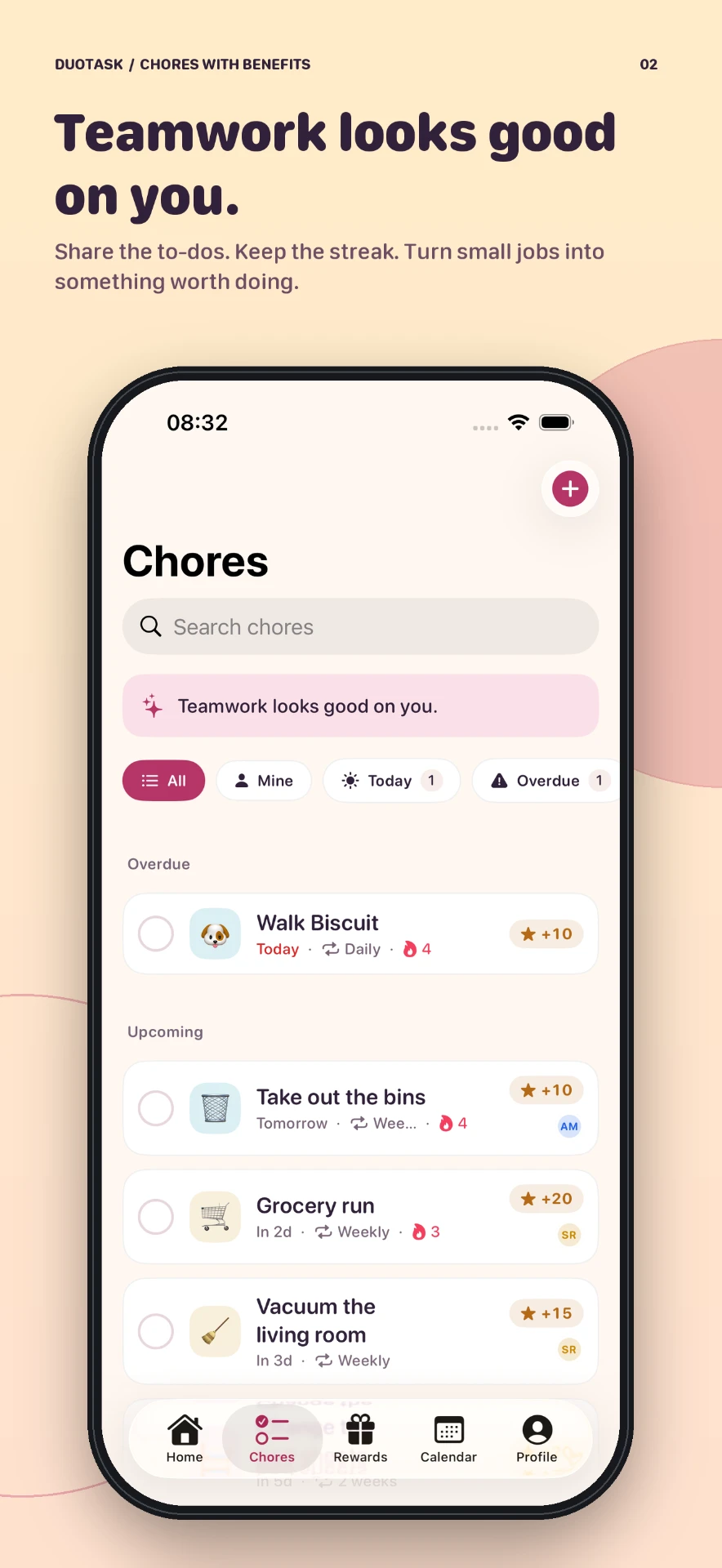 Chores list with filters, due dates, points and streaks